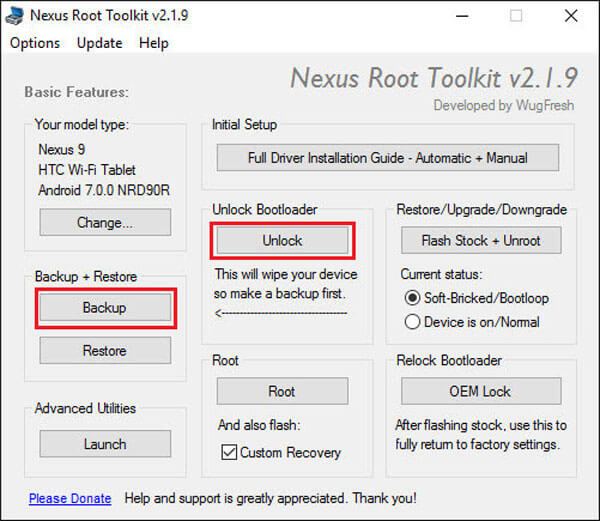 Varmuuskopiointi ja lukituksen avaaminen Nexus Root Toolkit -sovelluksesta