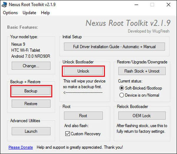 Резервное копирование и разблокировка из Nexus Root Toolkit