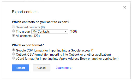 Export Επαφές Google