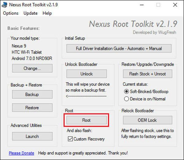 Корневое устройство Nexus с Nexus Root Toolkit