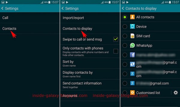 Kontroller Samsung-kontakter, der skal vises