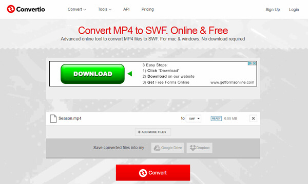 Конвертировать MP4 в SWF с помощью Convertio