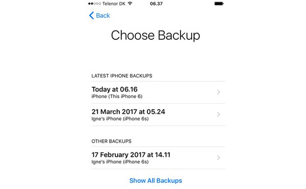 Vælg Backup fra iCloud