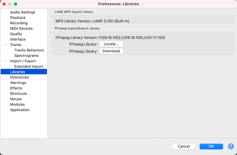 Locate FFmpeg Library In Audacity