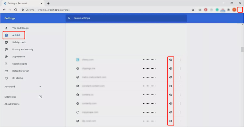 Zobrazení hesel automatického vyplňování v počítači Chrome