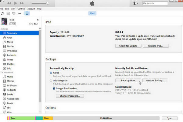 Maak een back-up van de iPad via iTunes