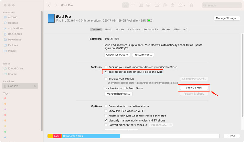 Δημιουργήστε αντίγραφα ασφαλείας του iPad σε Mac χρησιμοποιώντας το Finder