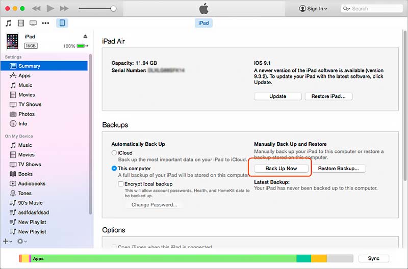 Esegui il backup di iPad con iTunes su Mac