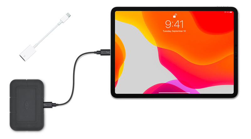 Sluit de iPad aan op een externe schijf met een USB-adapter