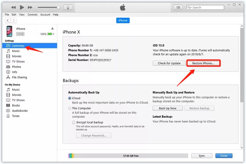 Разблокировать отключенный iPhone через iTunes Restore