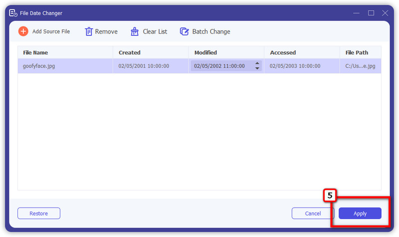 Applica le modifiche alla data sul file