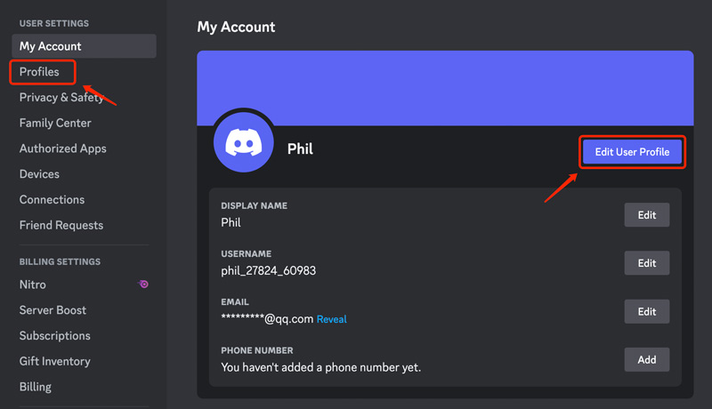 Discord Felhasználói profil szerkesztése a lapon