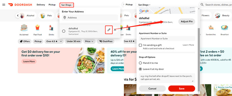 Změňte svou polohu na webu DoorDash