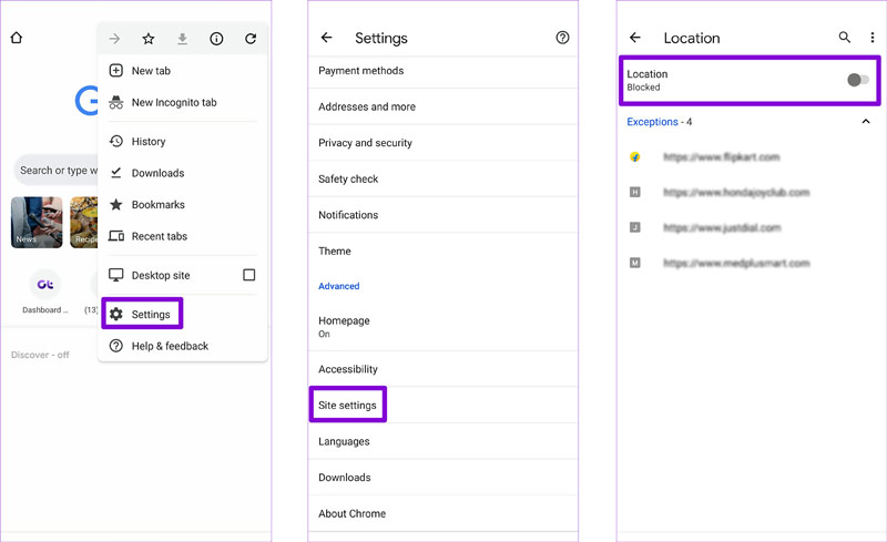 Google Chrome Uygulaması Android'de Konumu Değiştir