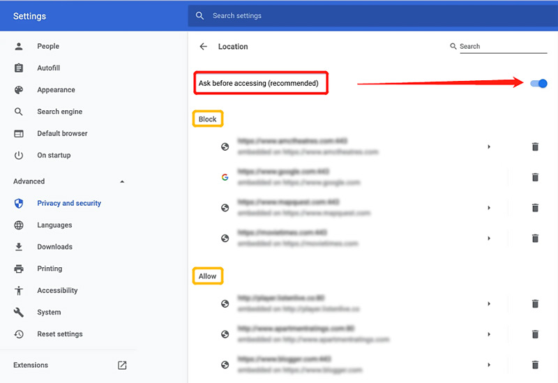 Skift placeringsindstillinger på Google Chrome-computer