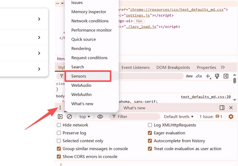 Google Chrome Developer Tools Sensors