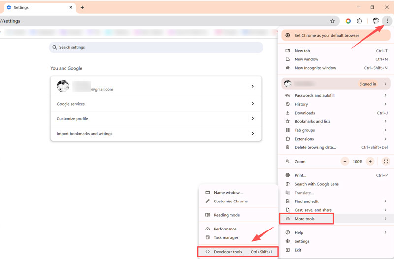 Google Chrome Settings Developer Tools