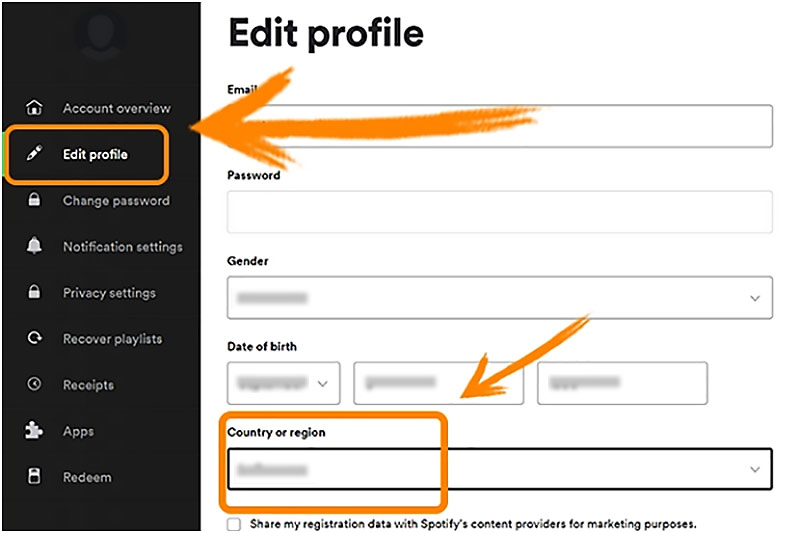 Profil szerkesztése Helyszín módosítása a Spotify-on