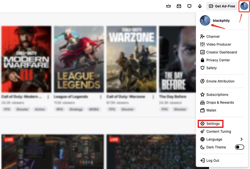 Klik på Twitch Profilbillede på webstedet