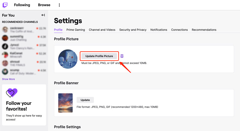 Update Profile Picture on Twitch Website