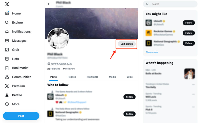 Twitter Redigera profil på webbplatsen