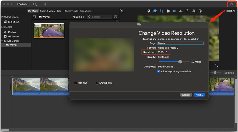 Изменить разрешение видео iMovie Mac