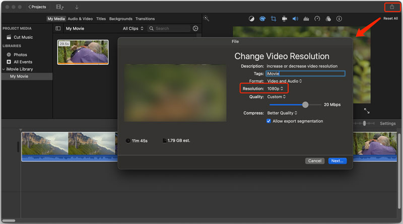 Αλλαγή ανάλυσης βίντεο iMovie Mac