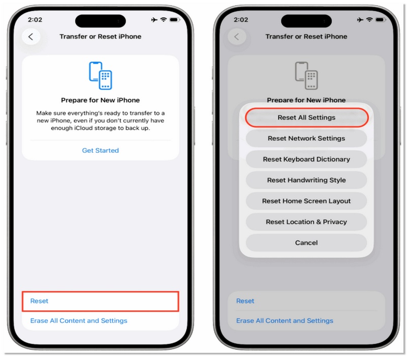 Select Reset All Settings