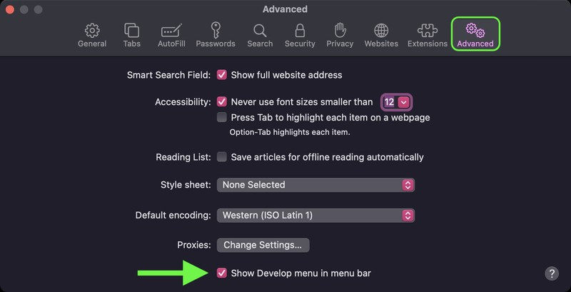 Fjern Safari Cache Advanced Vis utviklingsmeny