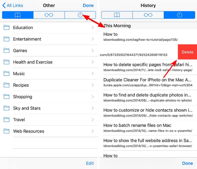 Prohlížeč iPhone Safari Odstranit jeden web