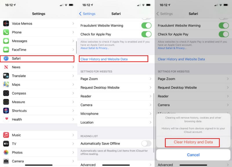 Az iPhone Safari beállításai Törölje az előzményeket és az adatokat