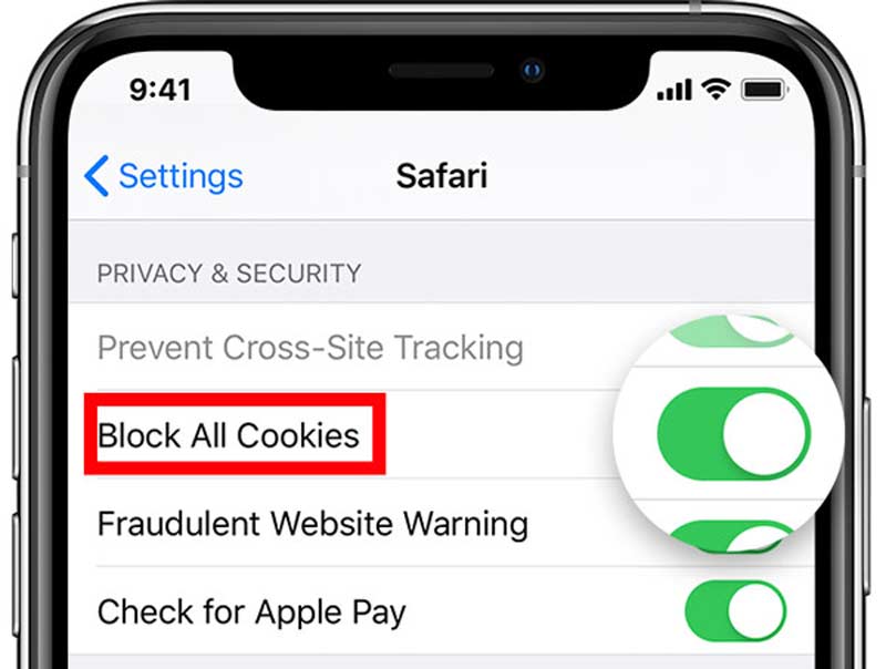 Блокировать все файлы cookie в Safari