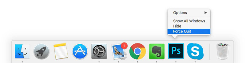 Zamknij Frozen App z panelu Mac Dock