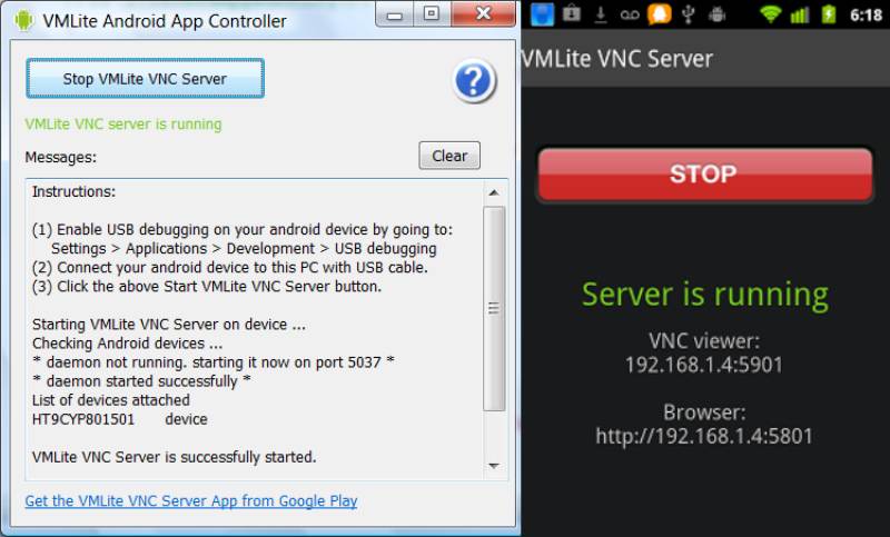 VMLite VNC -palvelin Ohjaa Androidia PC:ltä
