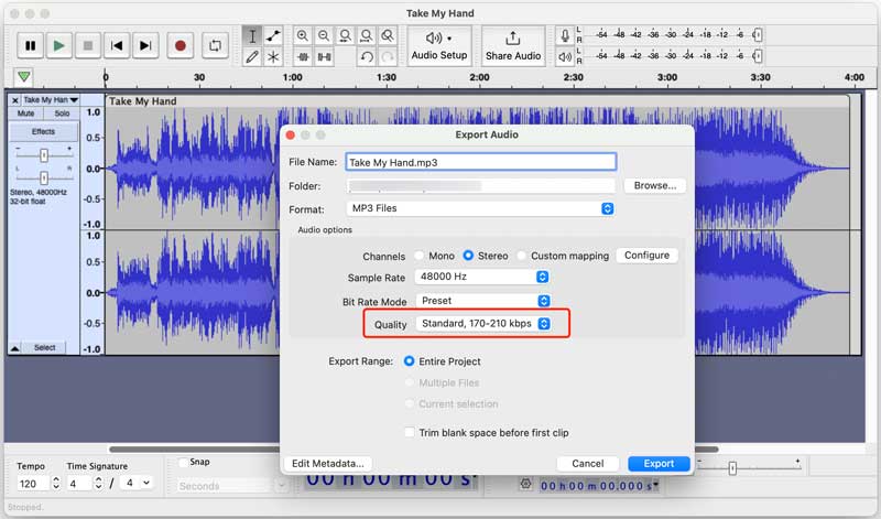 Audacity конвертировать битрейт MP3