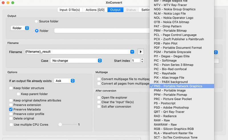 Seleziona il formato di output