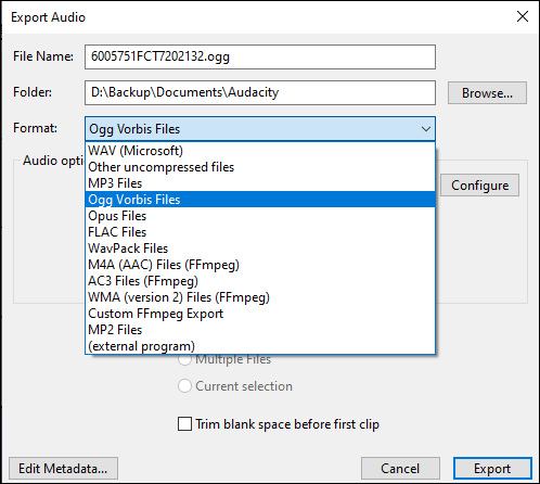 Export Audio window