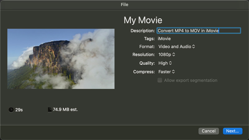 iMovie를 사용하여 MP4를 MOV로 내보내기