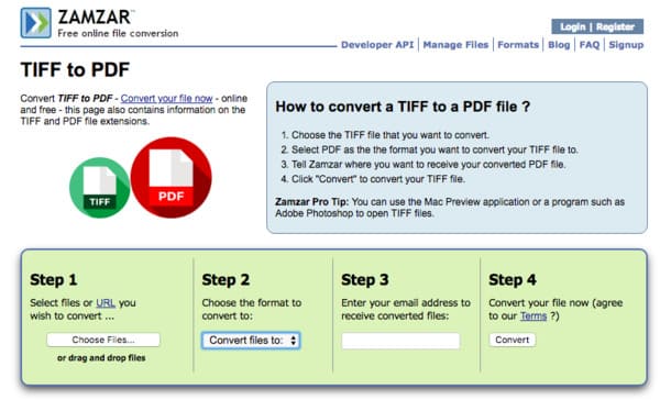 Zamzar Tiff naar pdf Converter gratis online