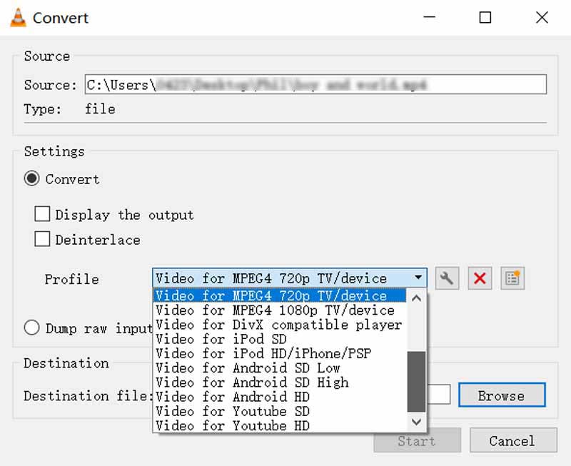 VLC конвертирует WebM в MP4 в Windows