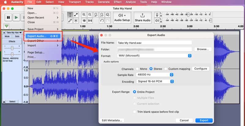 Audacity esporta l'audio