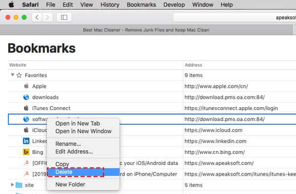 Διαγραφή πολλών σελιδοδεικτών Safari Mac