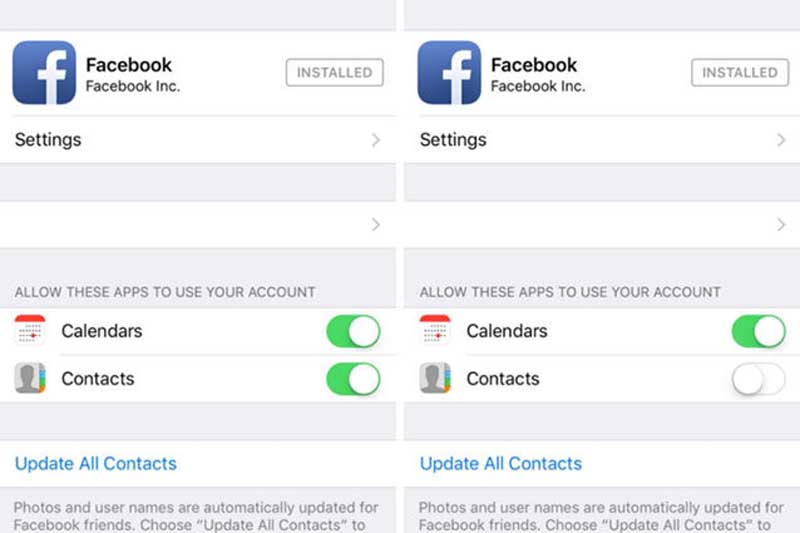 Disable Contacts from Facebook Seettings