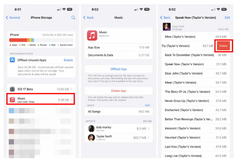 Settings iPhone Storage Delete Music on iPhone