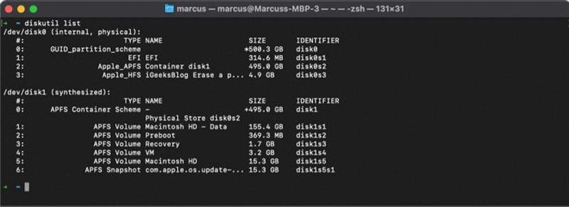 Terminal Diskutil List Slett partisjon Mac