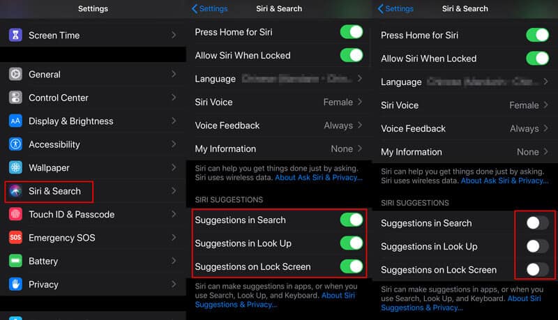 Disattiva Suggerimenti ricerca Siri per iPhone