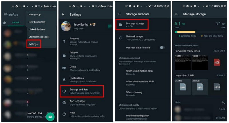 WhatsApp beállításai Tárhely kezelése