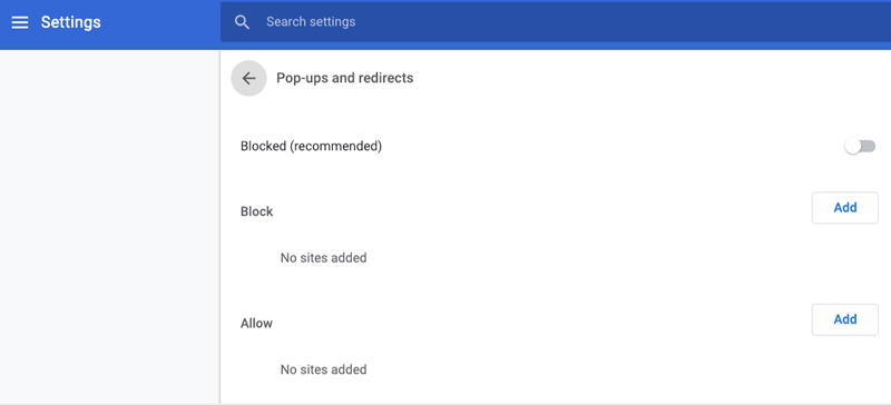 Wyłącz blokowanie wyskakujących okienek w przeglądarce Mac Chrome