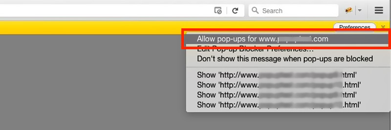 A Pop Up Blocker beállításainak szerkesztése Firefox Mac