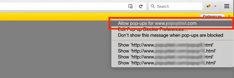 Modifica le preferenze del blocco popup Firefox Mac